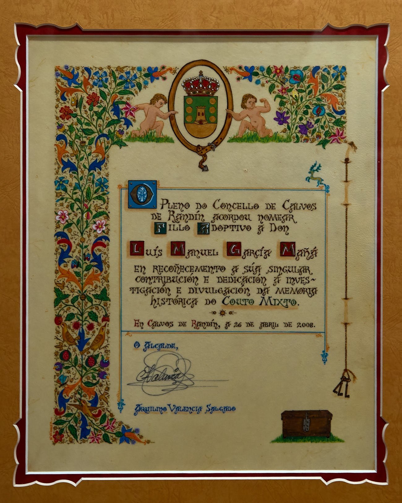 Nomeamento de Luís García Mañá como fillo adoptivo de Calvos de Randin